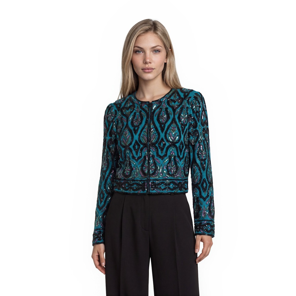 NEW Laurence Kazar Beaded‎ 100% Silk Jacket Women's Size Small Turquoise Vintage